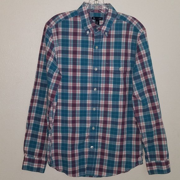GAP Other - Gap Button Down Shirt Teal Red Pink White Plaid Long-Sleeves Slim Fit Medium